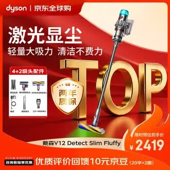 戴森（DYSON）V12 Detect Slim Fluffy 两年质保 家用手持无线除螨车载吸尘器光学显尘 智能超强大吸力宠物家庭