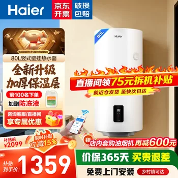 海尔（Haier）平板太阳能热水器一级能效光电两用家用阳台壁挂竖式100升…